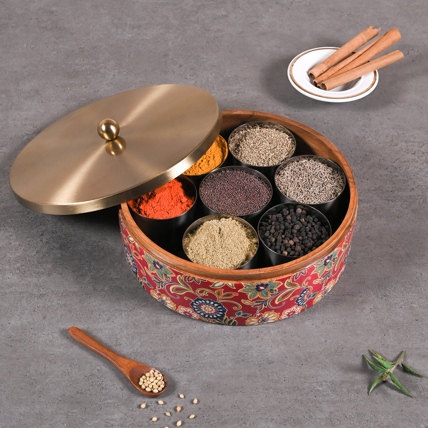 Greetwood Brass Lid Wooden Masala Box for Kitchen in Red Print