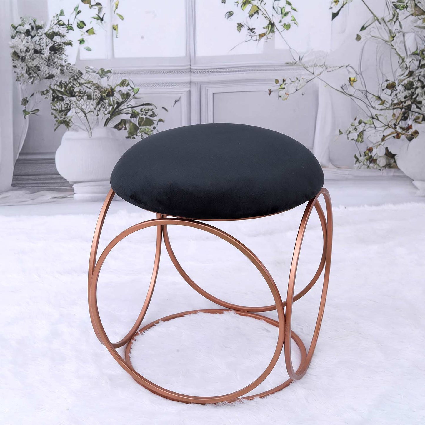 Modern Hexa-Style Rose Gold Metal Stool in Black Cushion