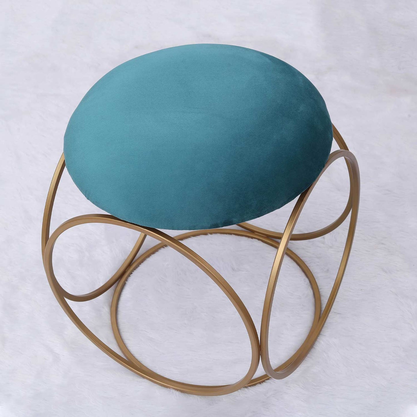 Modern Hexa-Style Golden Metal Stool in Teal Blue Cushion Set of 2