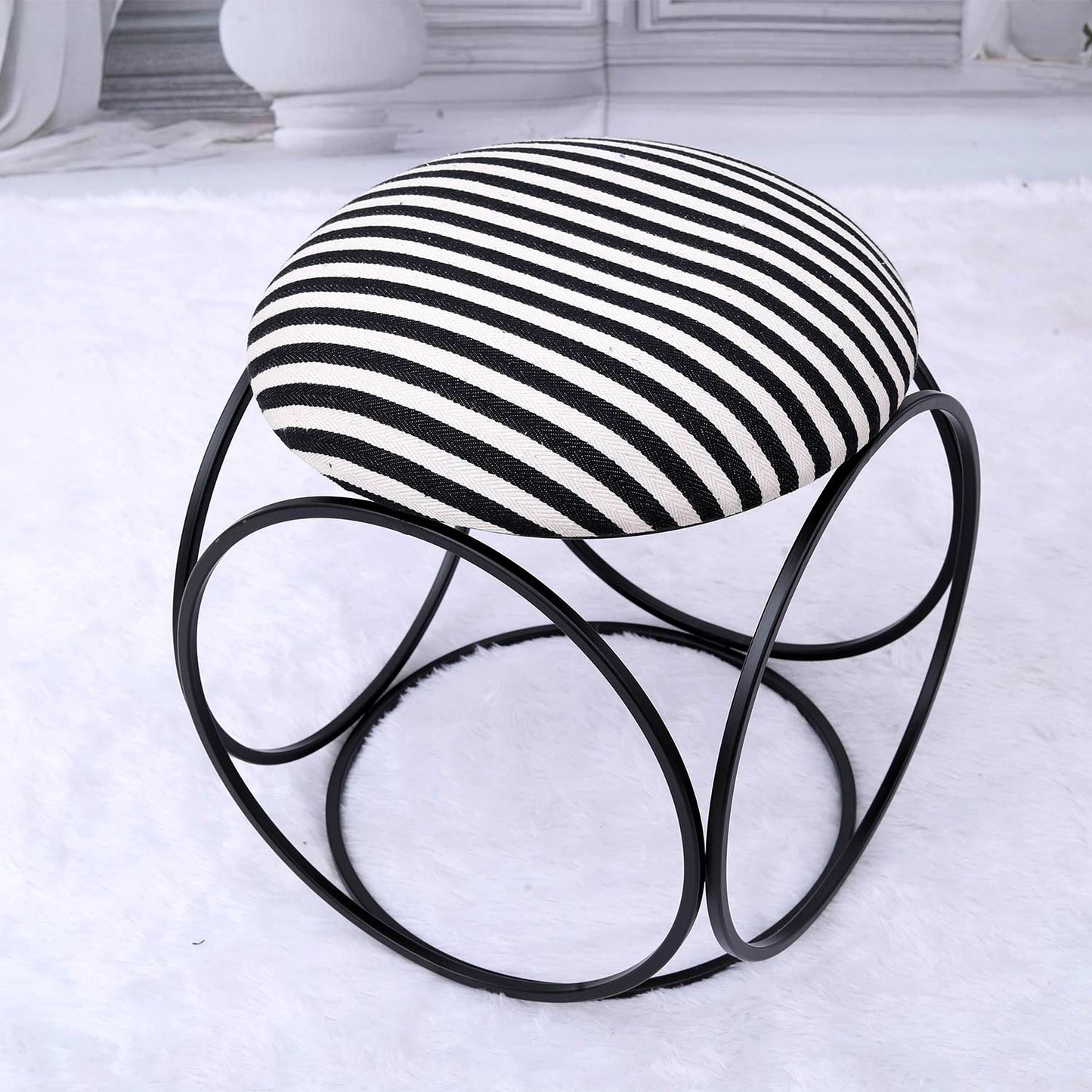 Modern Hexa-Style Matt Black Metal Stool in Black & White Stripe