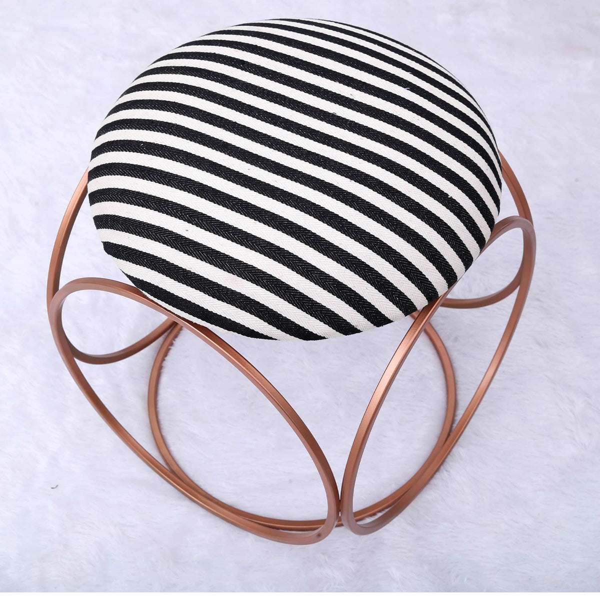 Modern Hexa-Style Rose Gold Metal Stool in Black & White Stripe