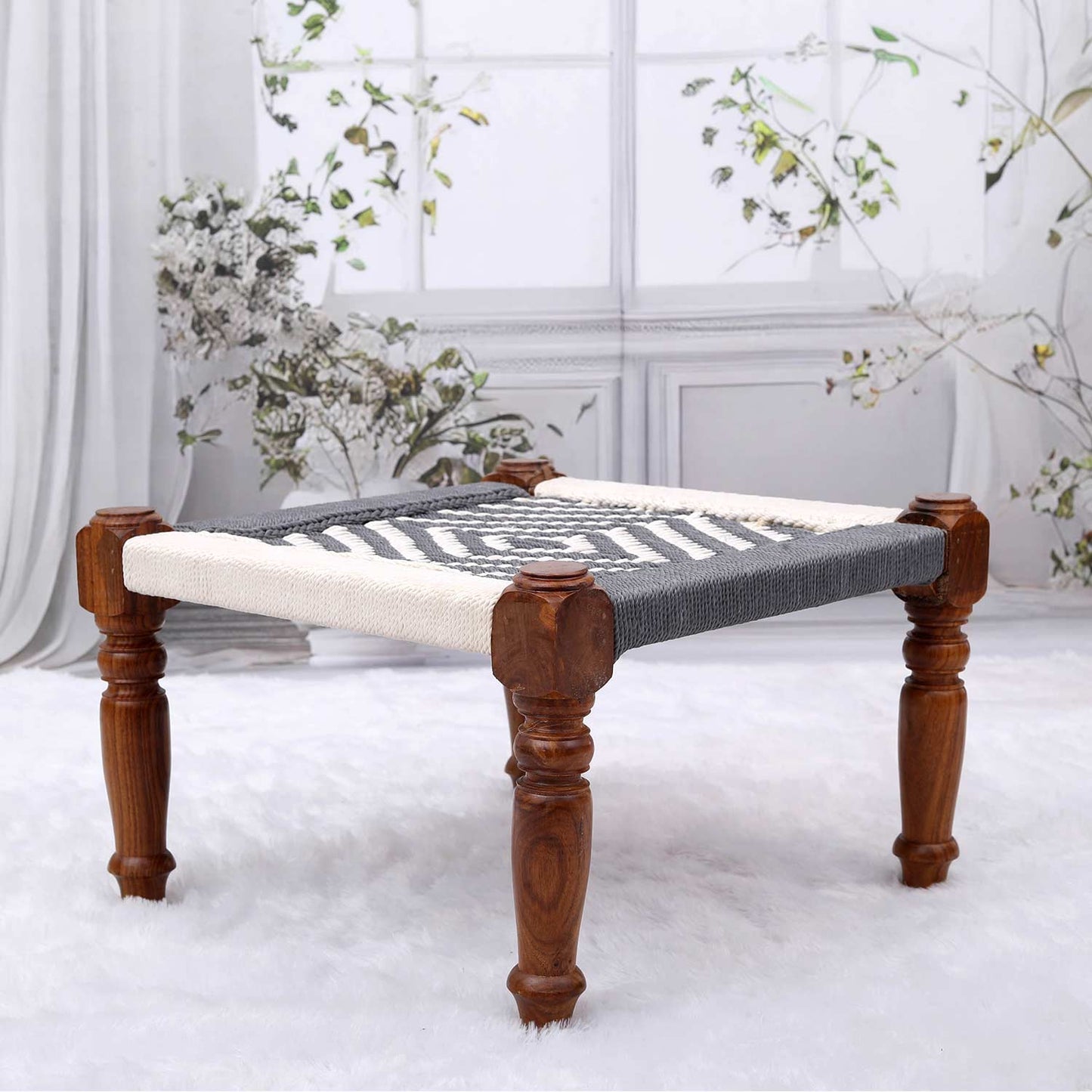 Retro Maachi Style Sheesham Chowki in Grey Color Hand Cane