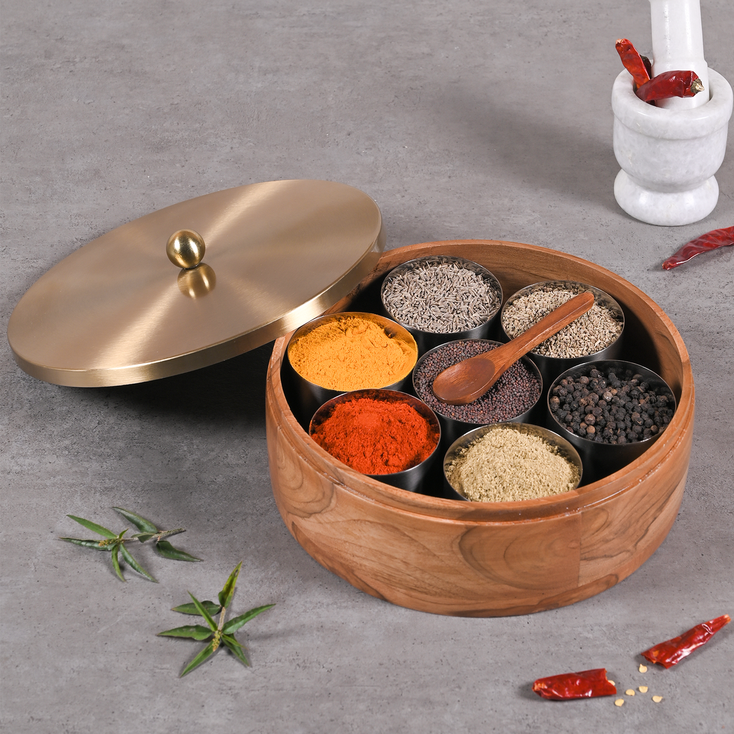 Greetwood Brass Lid Wooden Masala Box for Kitchen