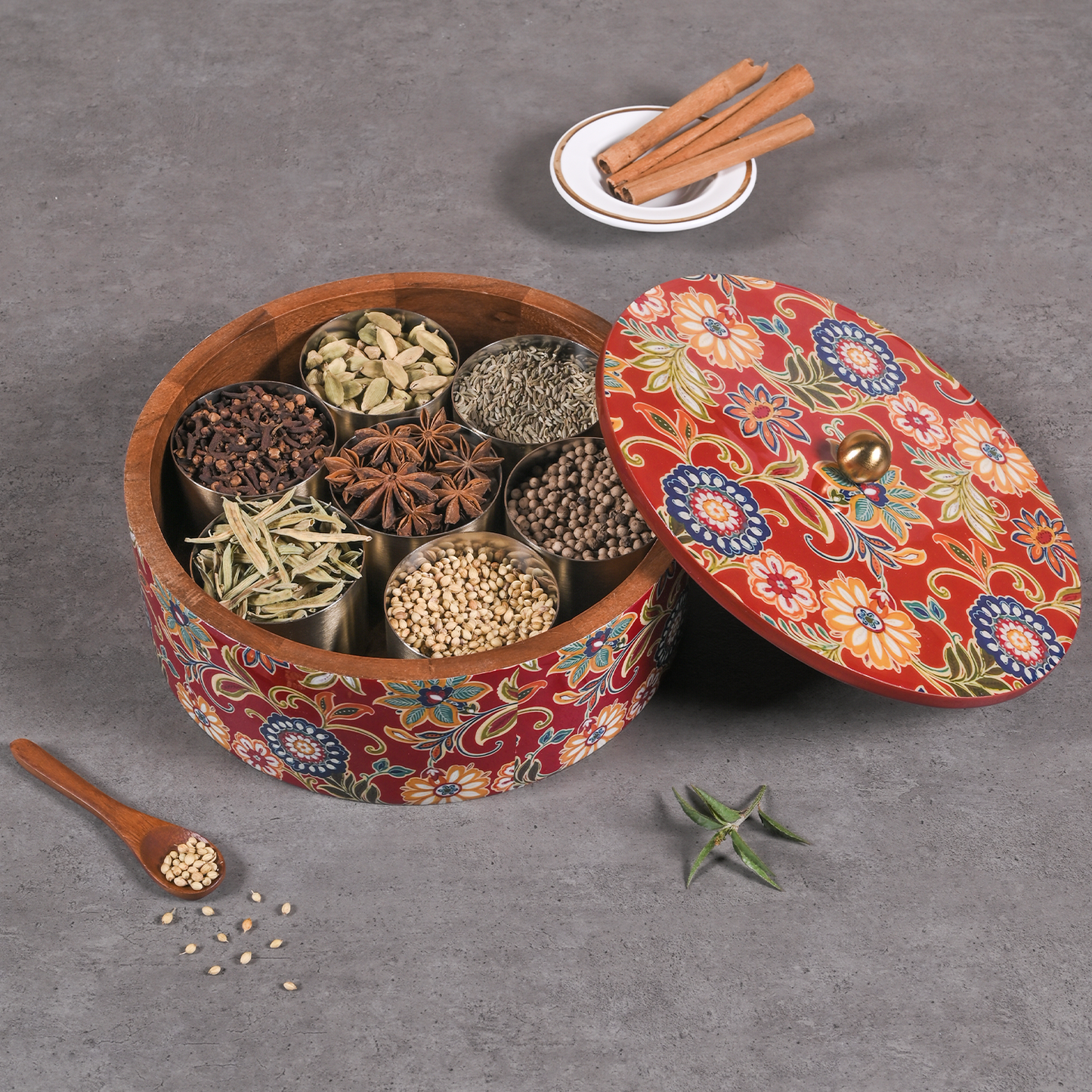 Greetwood Red Printed Wooden Masala Box for Kitchen