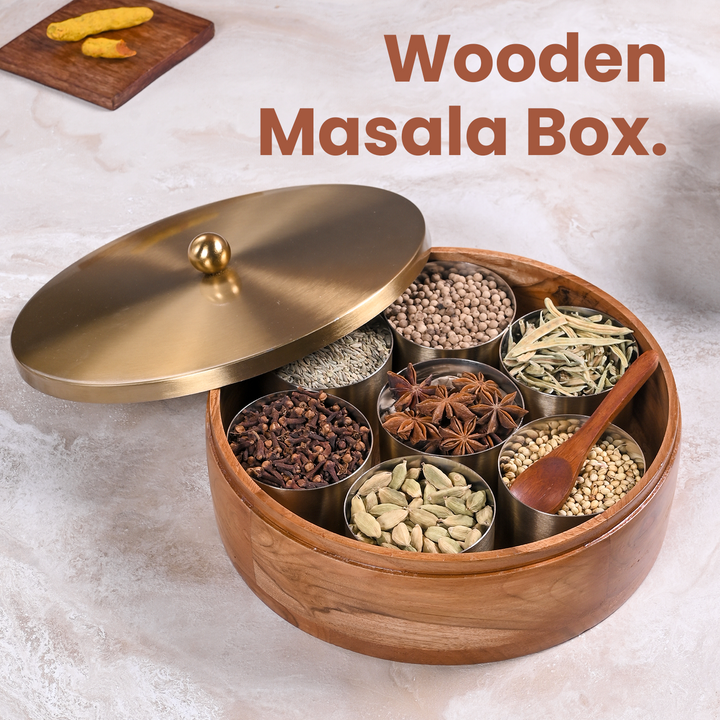 Greetwood Brass Lid Wooden Masala Box for Kitchen