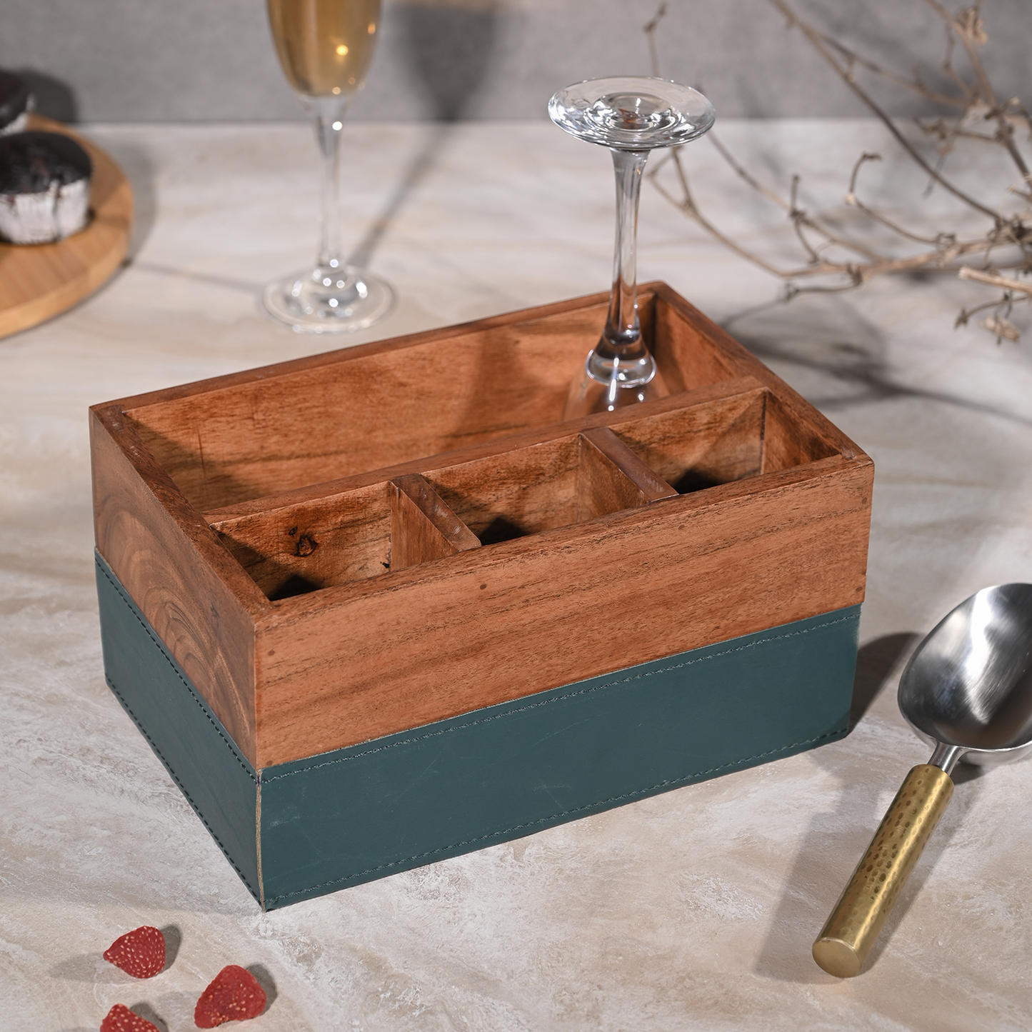 Greetwood Wooden Cutlery Holder for Kitchen in Leather Accent