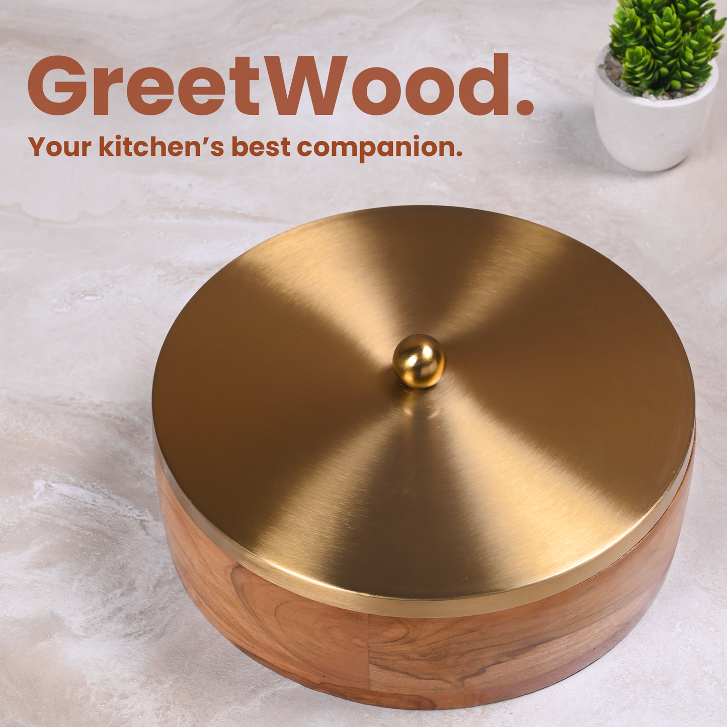 Greetwood Brass Lid Wooden Chapati Box for Kitchen