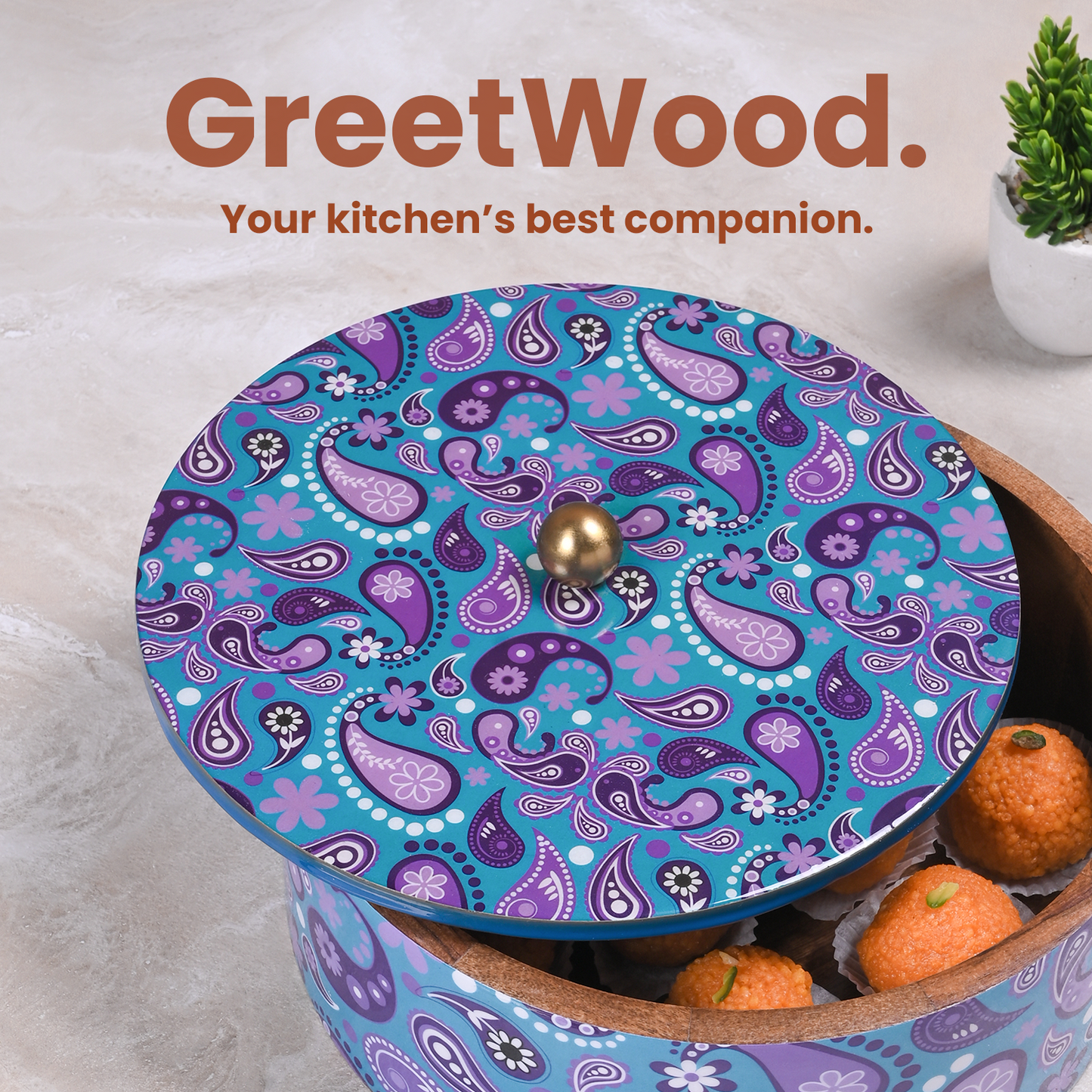 Greetwood Purple Printed Wooden Chapati Box for Kitchen