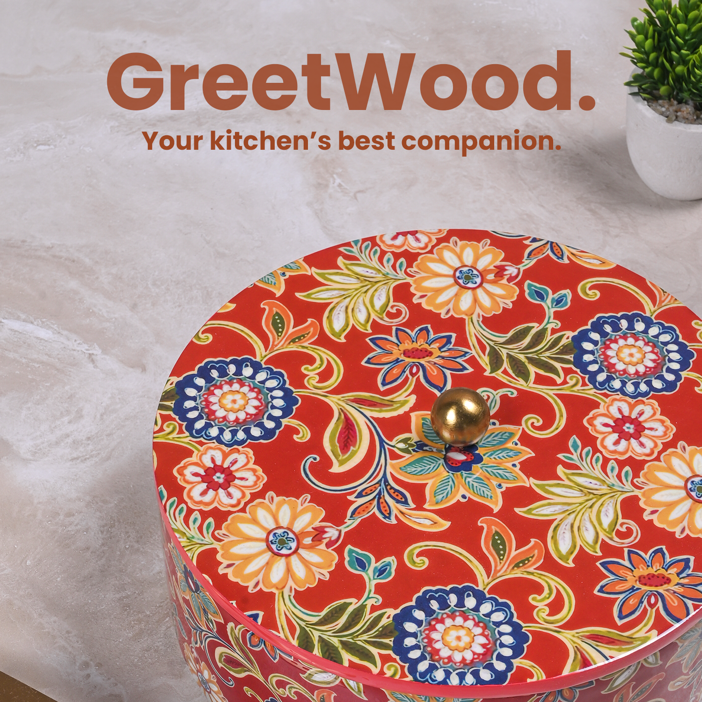 Greetwood Red Printed Wooden Chapati Box for Kitchen
