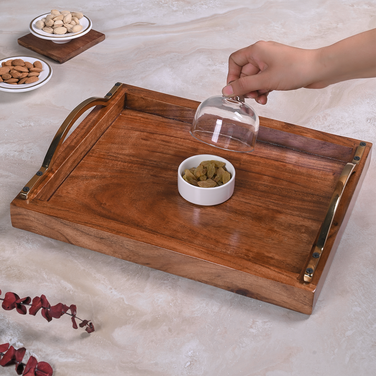 Greetwood Wooden Serving Tray With Curved Brass Handles