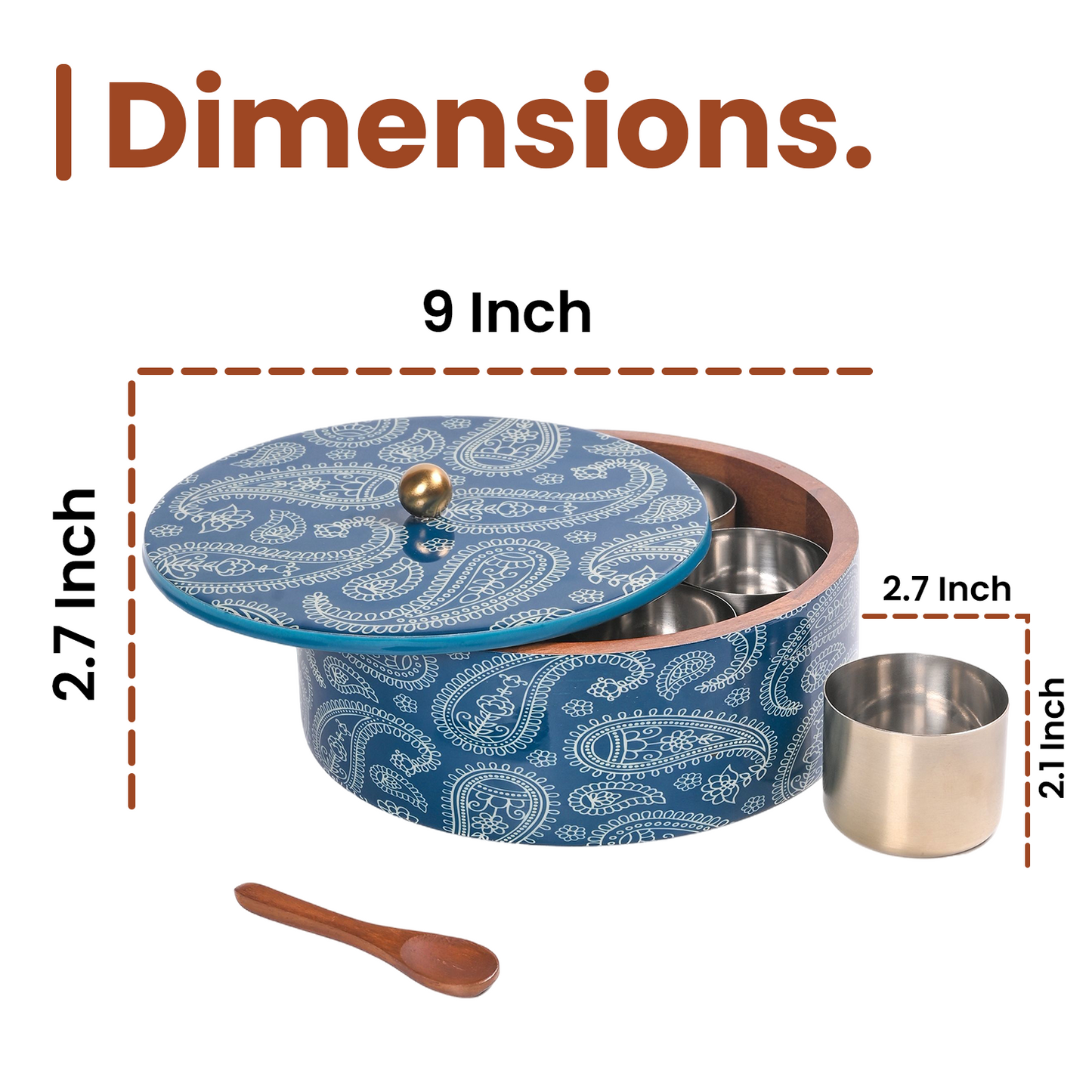 Greetwood Blue Printed Wooden Masala Box for Kitchen