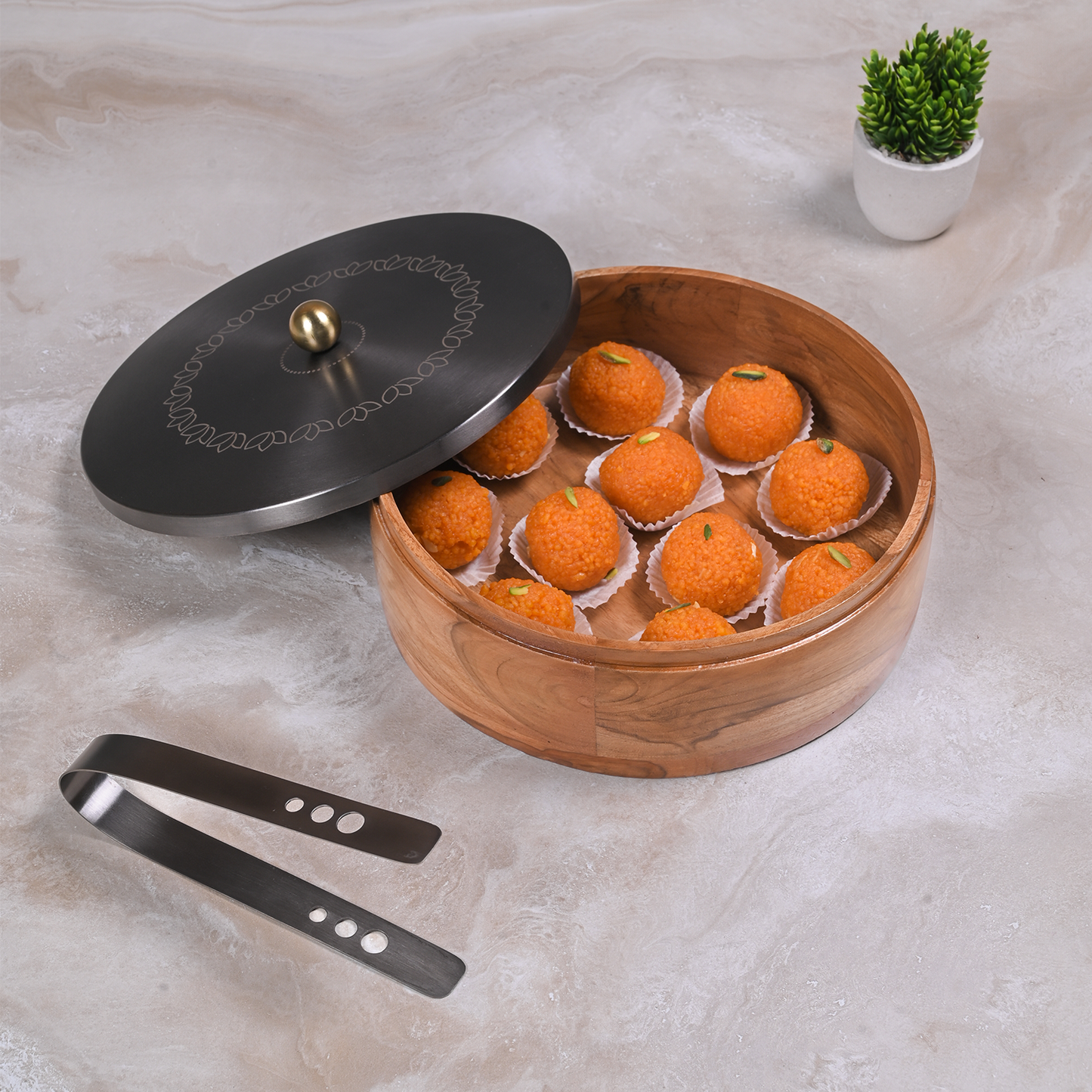 Greetwood GunMetal Lotus Wooden Chapati Box for Kitchen