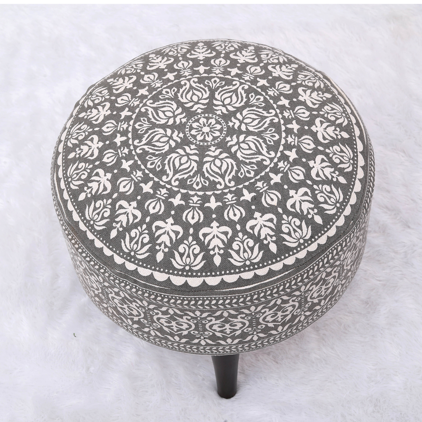 Contemporary Mandala Wooden Tuffet in Grey Color Set of 2