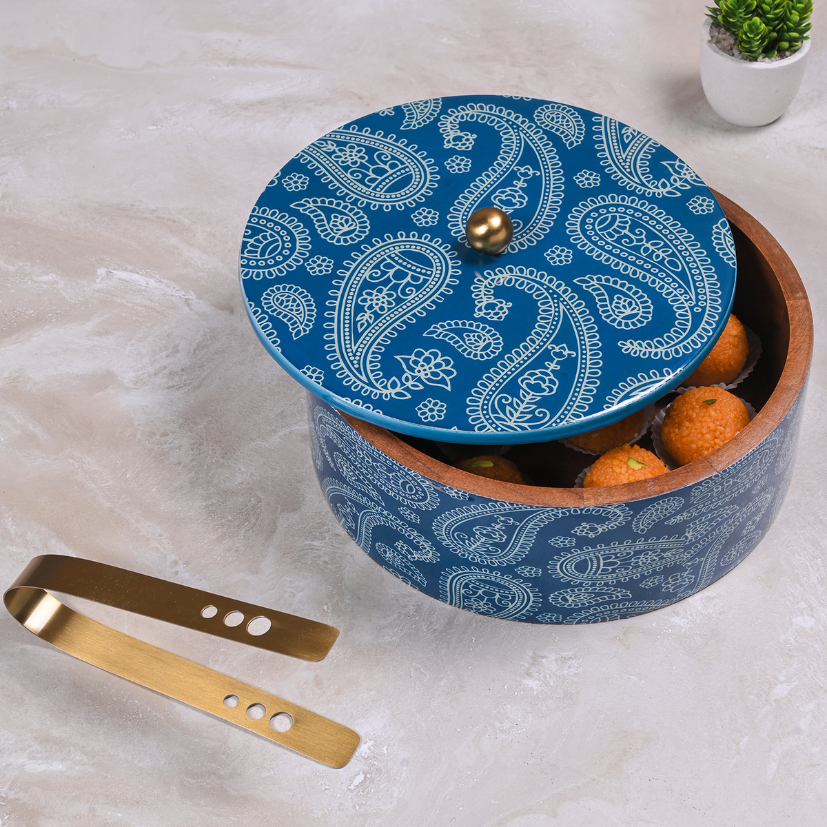 Greetwood Blue Printed Wooden Chapati Box for Kitchen