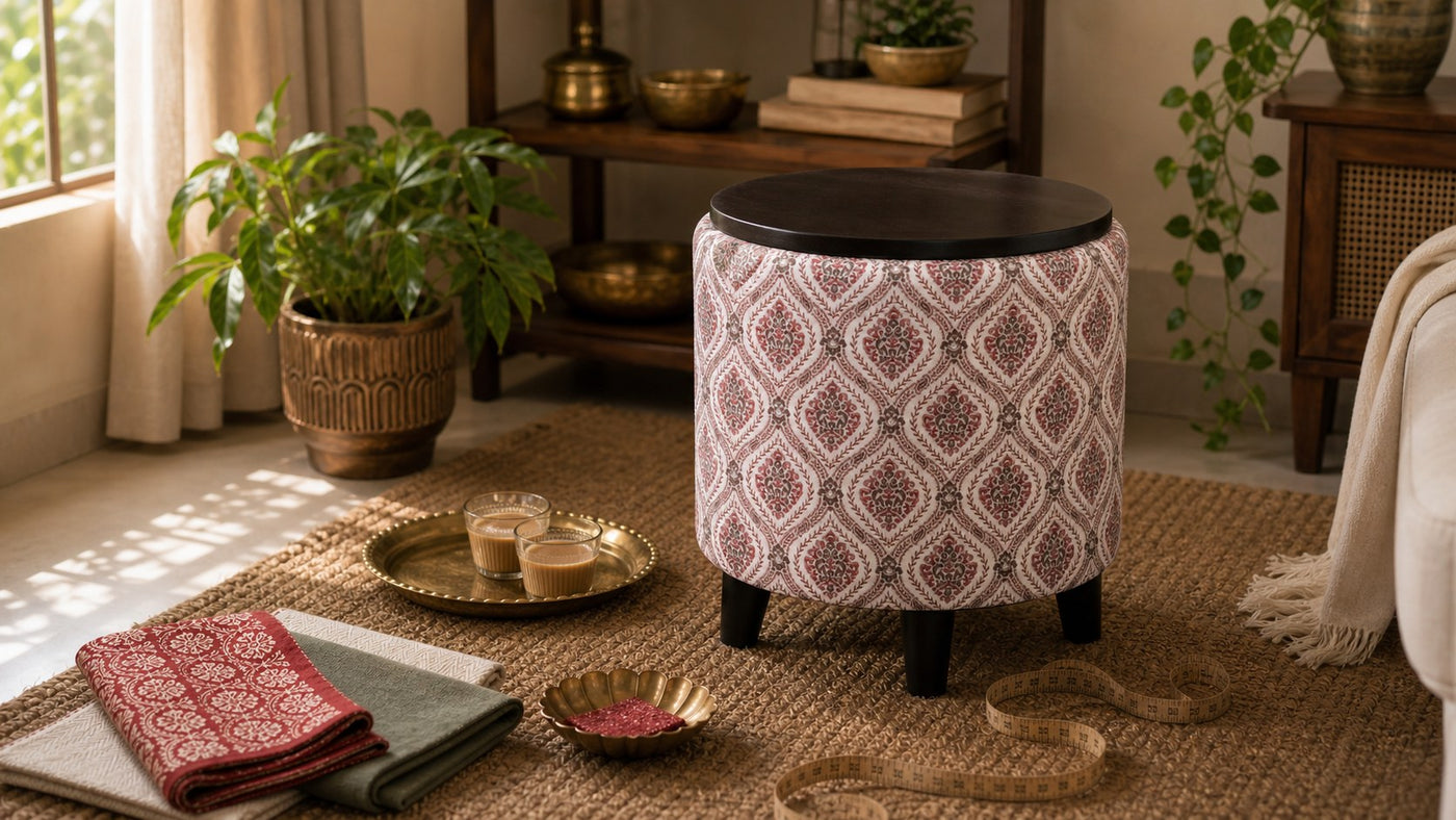 Greetwood ottoman in a warm living room with artisan decor