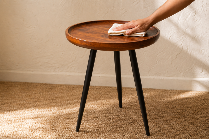 Mango wood and metal side table being gently wiped with a soft cloth