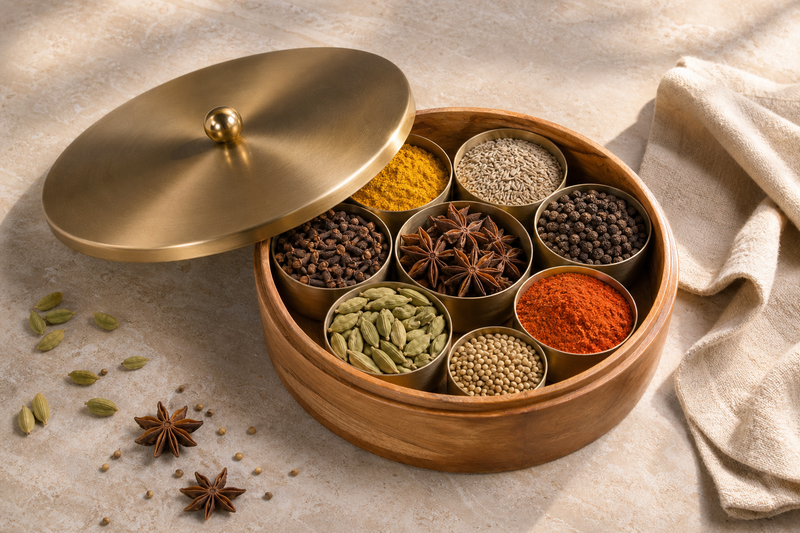 Open wooden masala box with brass lid and spice cups on a cream stone counter