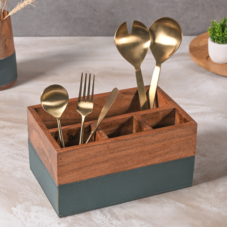 Greetwood Wooden Cutlery Holder for Kitchen in Leather Accent