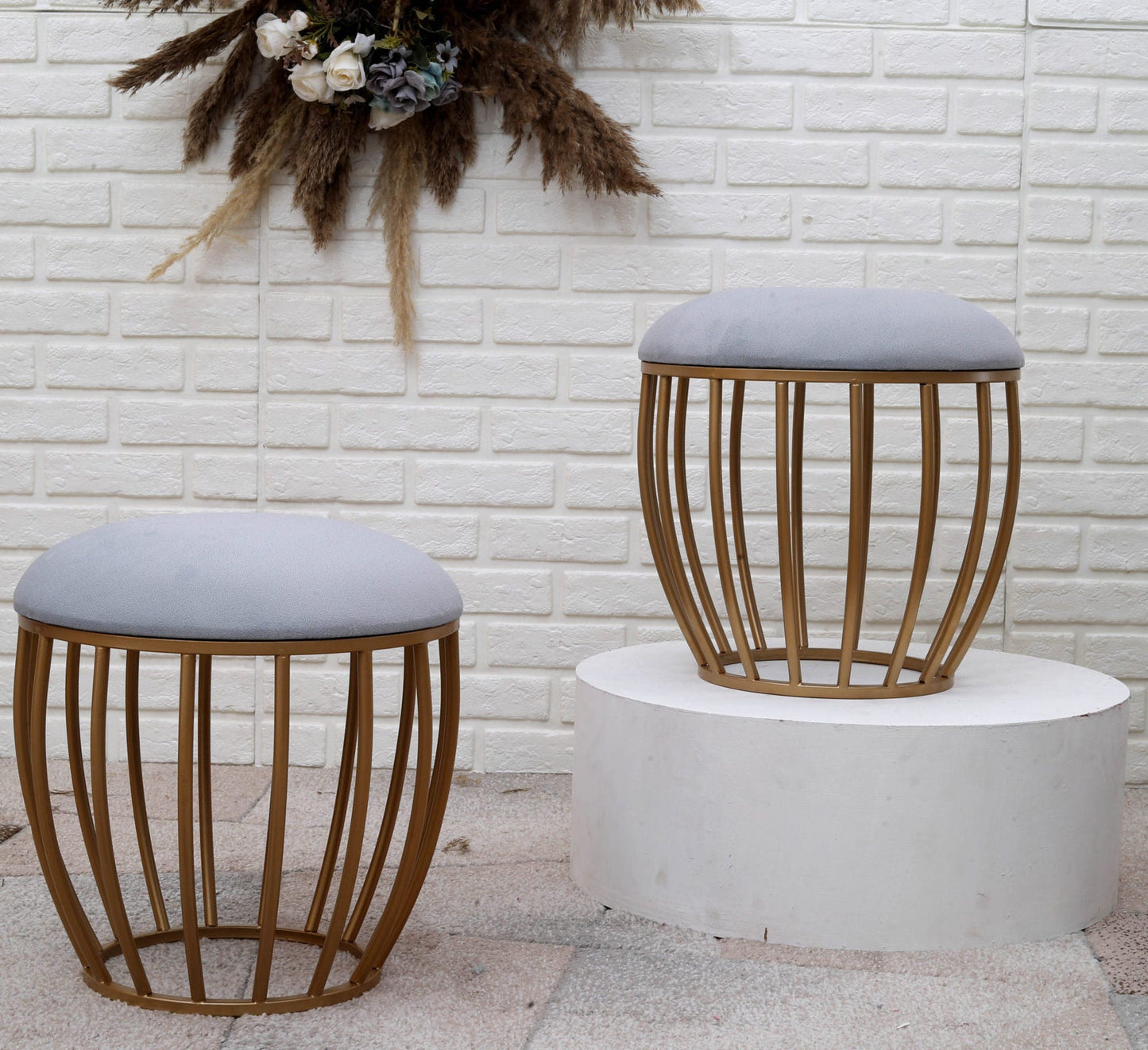 Classic Cage-Style Golden Metal Stool in Grey Cushion Set of 2