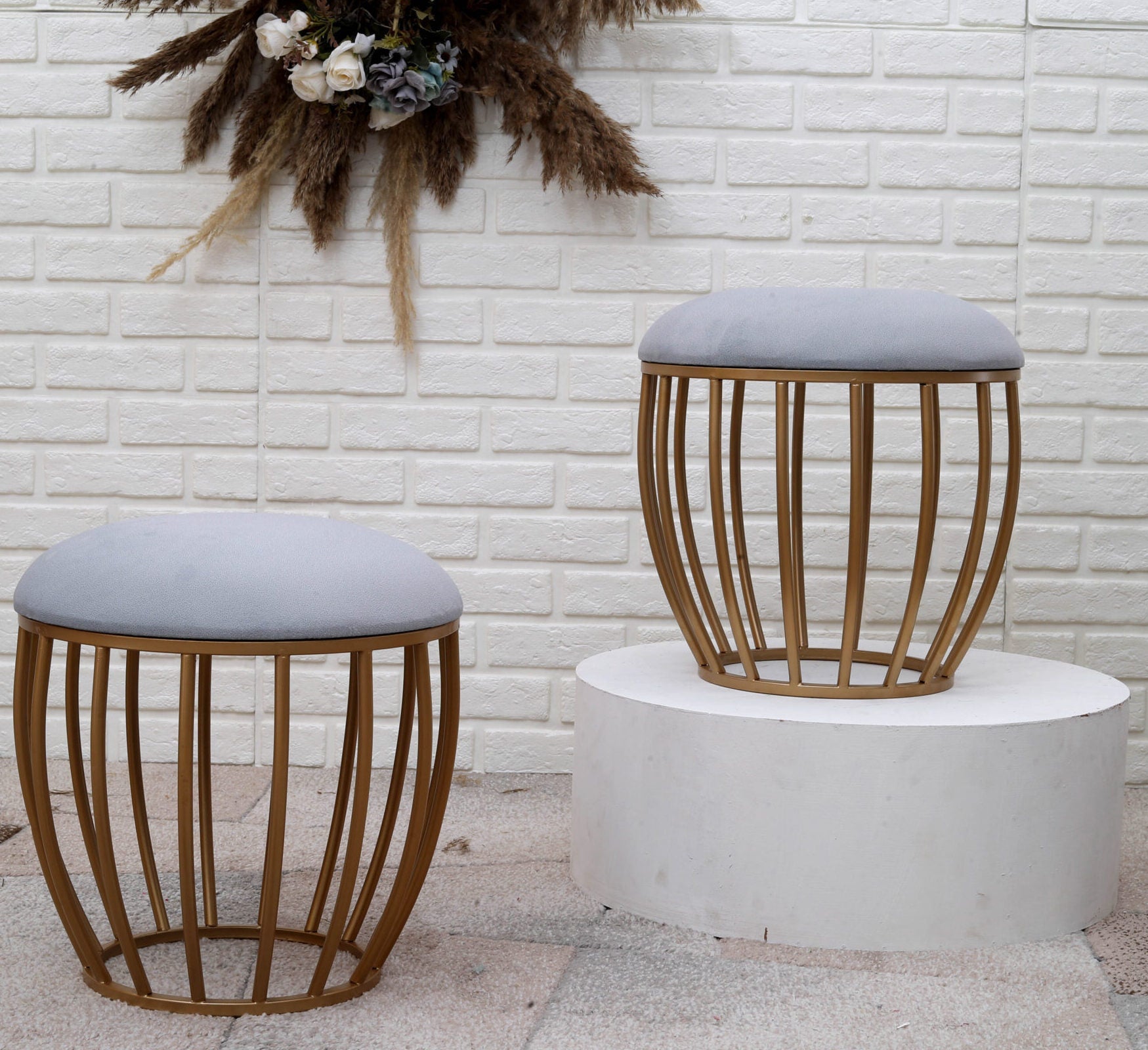 Classic Cage-Style Golden Metal Stool in Grey Cushion Set of 2