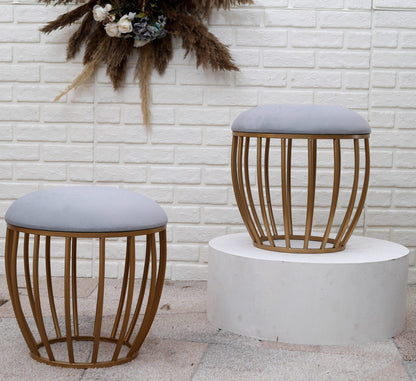 Classic Cage-Style Golden Metal Stool in Grey Cushion Set of 2
