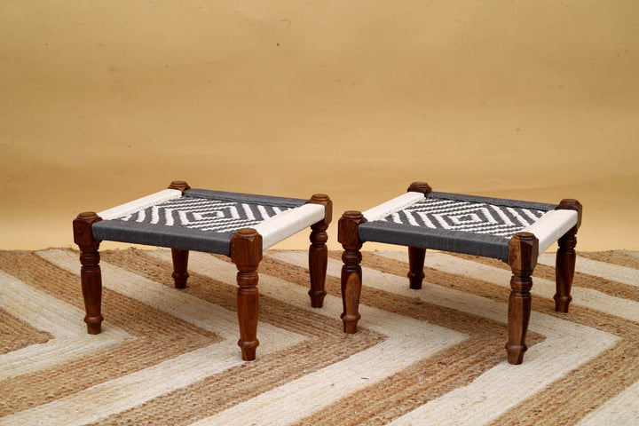 Retro Maachi Style Sheesham Chowki in Grey Color Hand Cane Set of 2