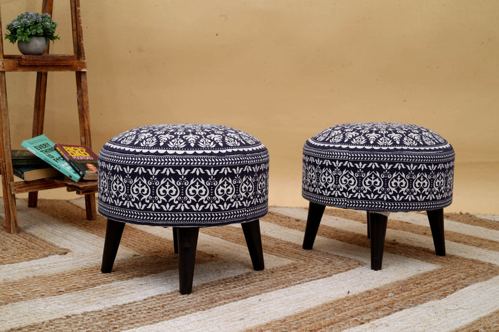Contemporary Mandala Wooden Tuffet in Blue Color Set of 2