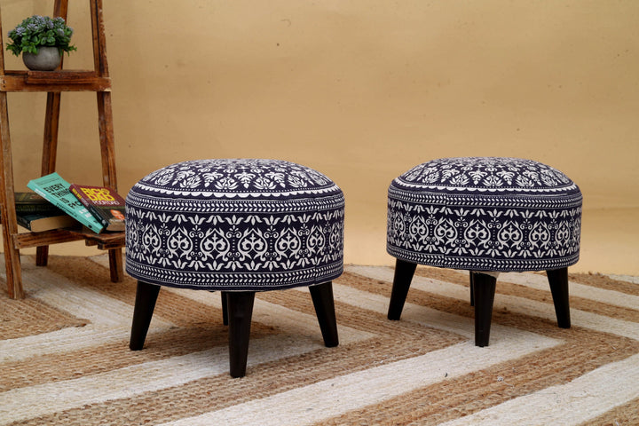 Contemporary Mandala Wooden Tuffet in Blue Color Set of 2