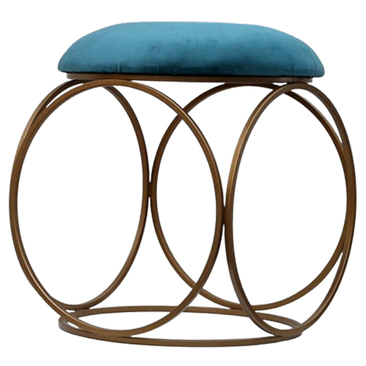 Modern Hexa-Style Golden Metal Stool in Teal Blue Cushion Set of 2