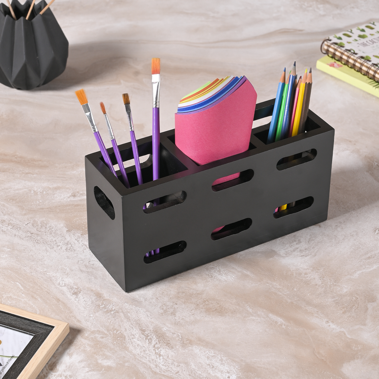 Greetwood MDF Wooden Cutlery Holder for Kitchen in Black Color