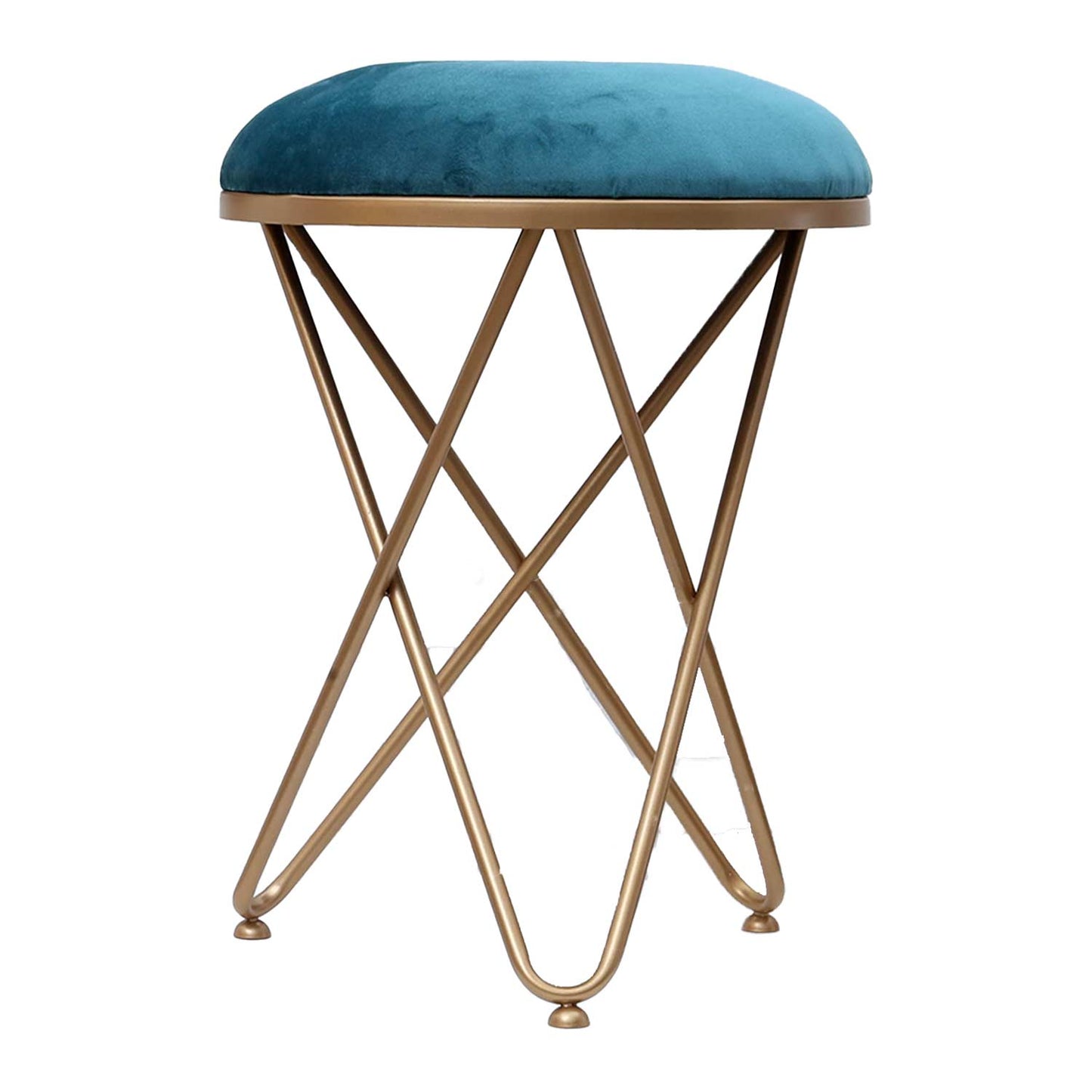 Ultra-modern Cross Leg Golden Metal Stool in Teal Blue Cushion