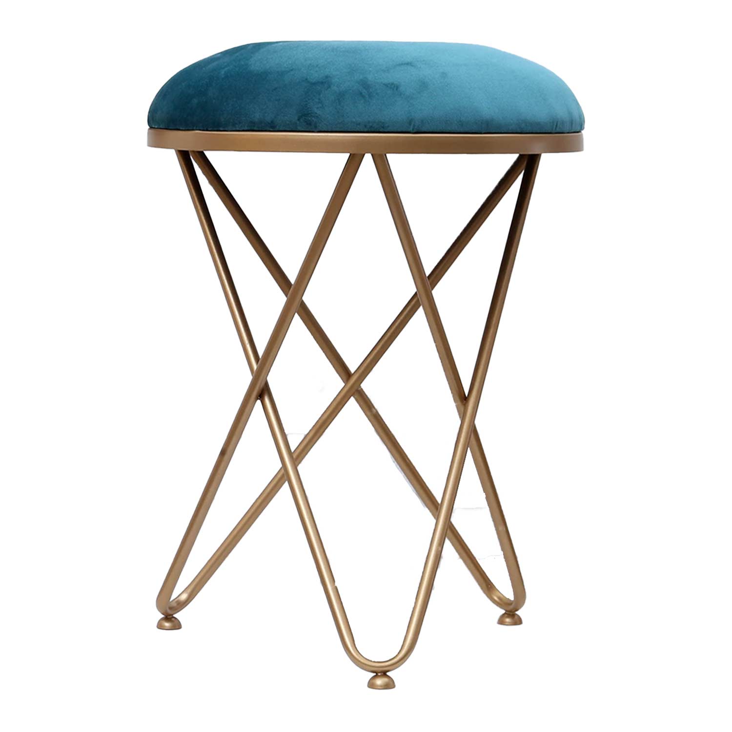 Ultra-modern Cross Leg Golden Metal Stool in Teal Blue Cushion