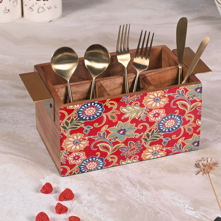 Greetwood Red Printed Wooden Cutlery Holder for Kitchen