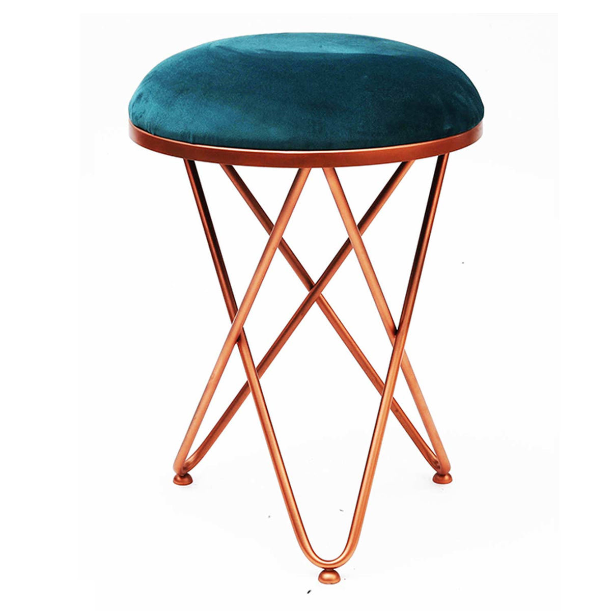 Ultra-modern Cross Leg Rose Gold Metal Stool in Teal Blue Cushion Set of 2