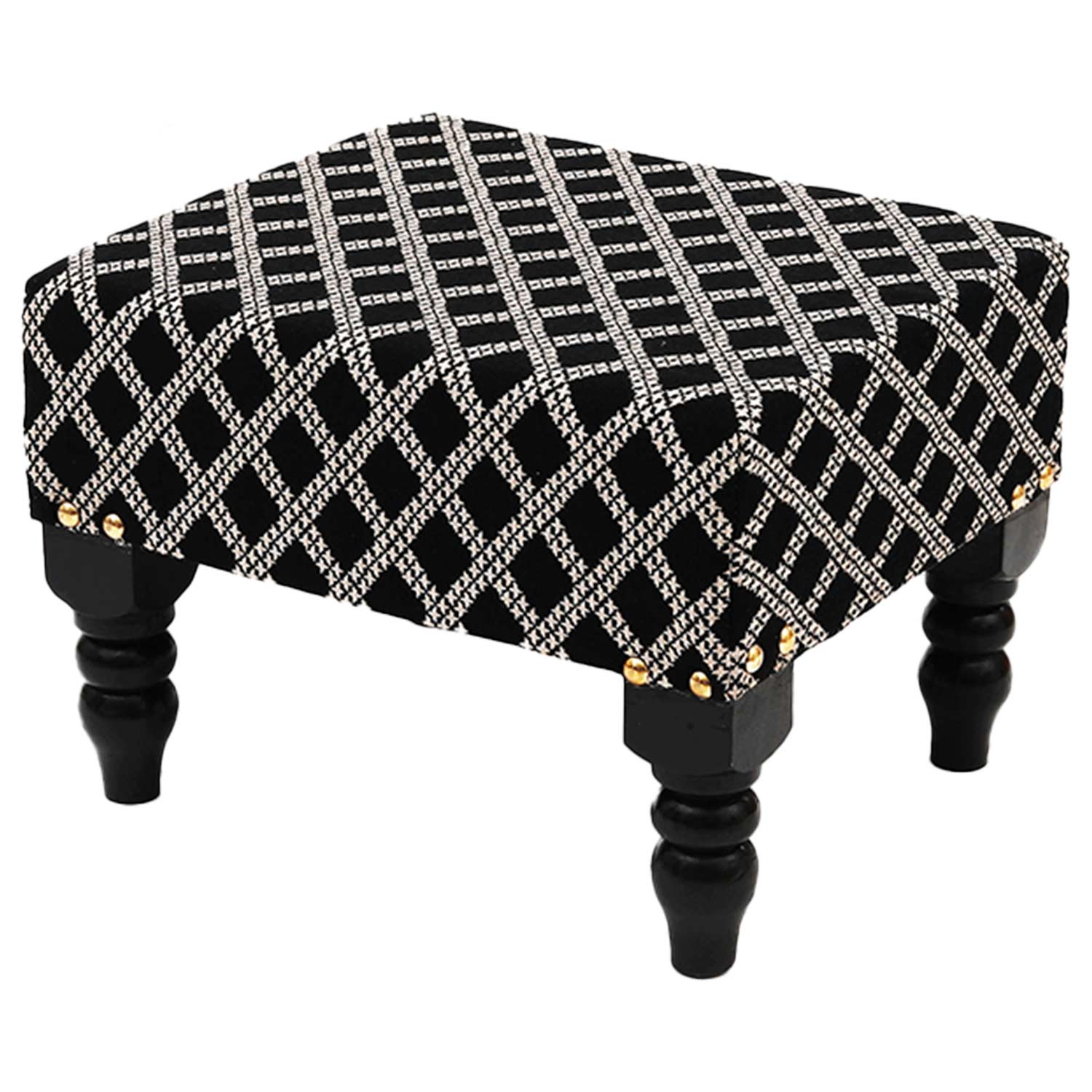 Multifunctional Tetrad Jacquard Wooden Footstool in Black Color Set of 2