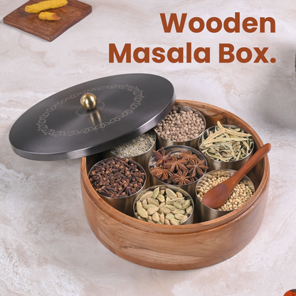Greetwood GunMetal Lotus Wooden Masala Box for Kitchen