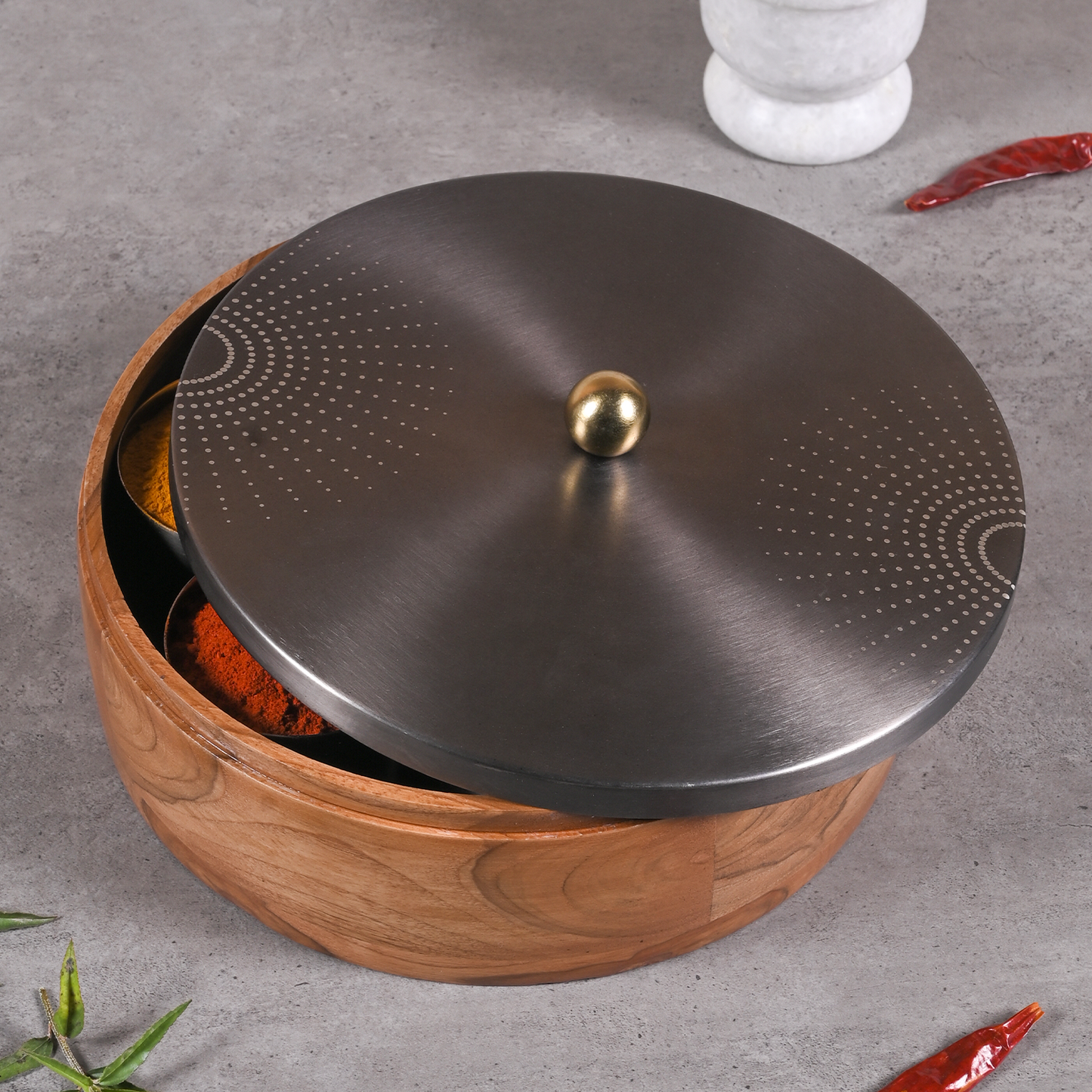 Greetwood GunMetal SunRays Wooden Masala Box for Kitchen