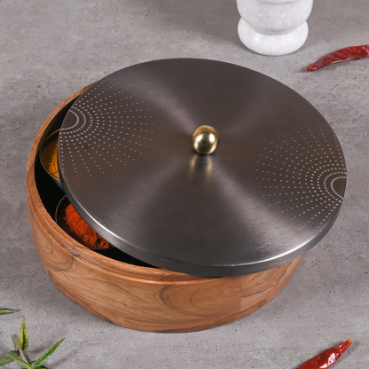 Greetwood GunMetal SunRays Wooden Masala Box for Kitchen