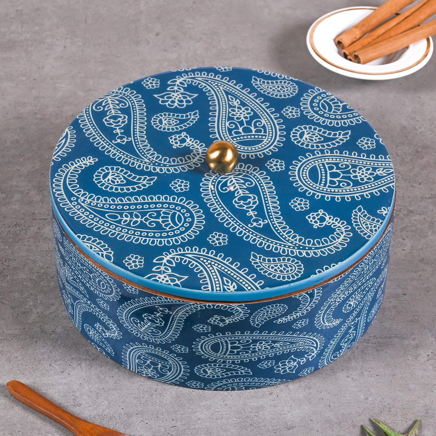 Greetwood Blue Printed Wooden Masala Box for Kitchen
