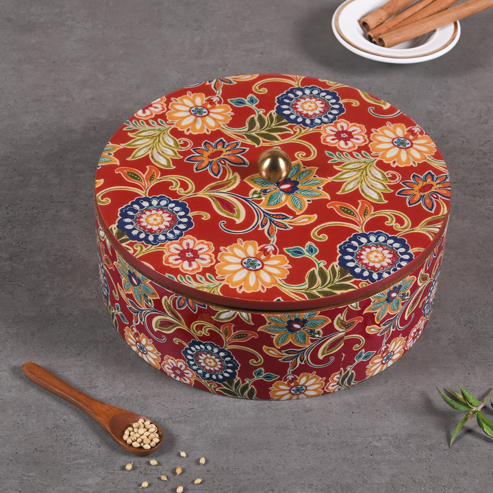 Greetwood Red Printed Wooden Masala Box for Kitchen