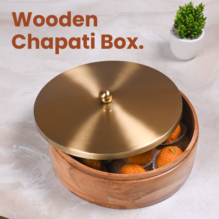 Greetwood Brass Lid Wooden Chapati Box for Kitchen