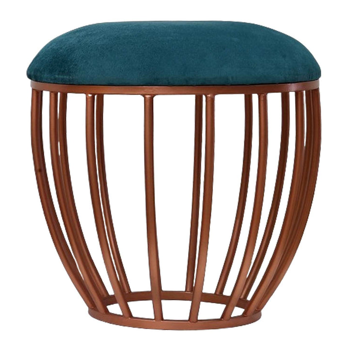 Classic Cage-Style Rose Gold Metal Stool in Teal Blue Cushion Set of 2
