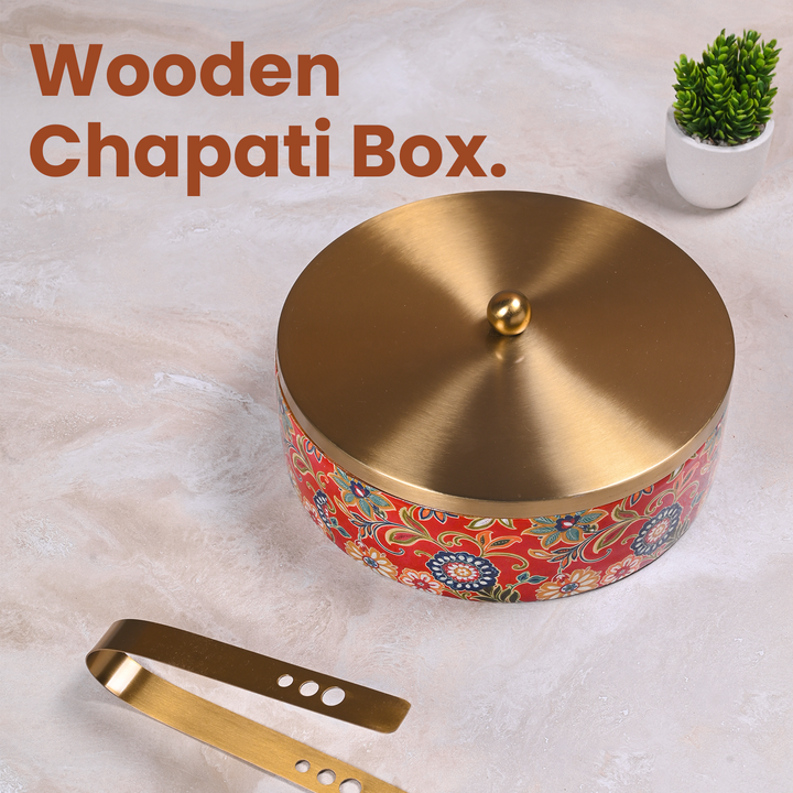 Greetwood Brass Lid Wooden Chapati Box for Kitchen in Red Print