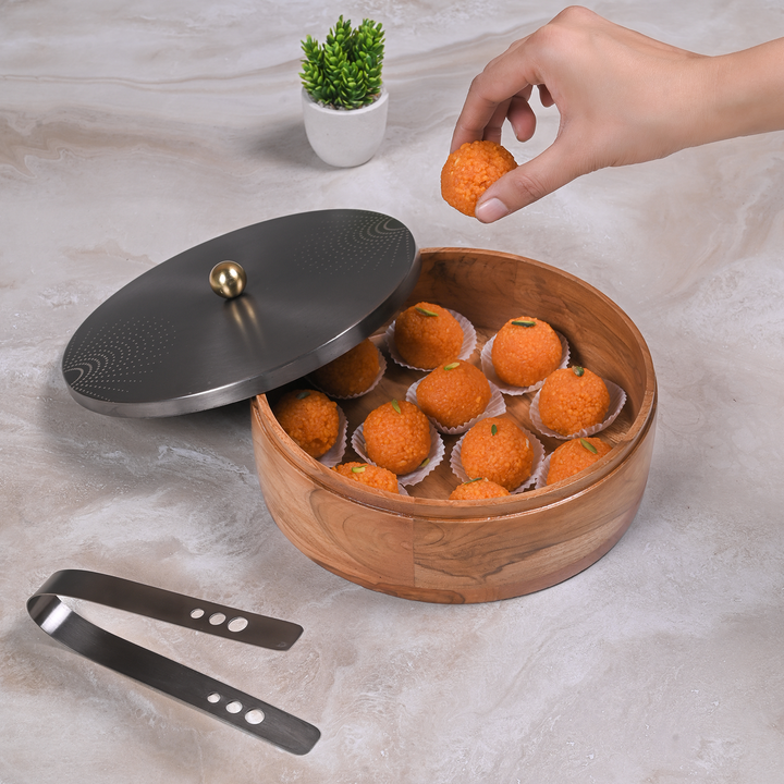 Greetwood GunMetal SunRays Wooden Chapati Box for Kitchen