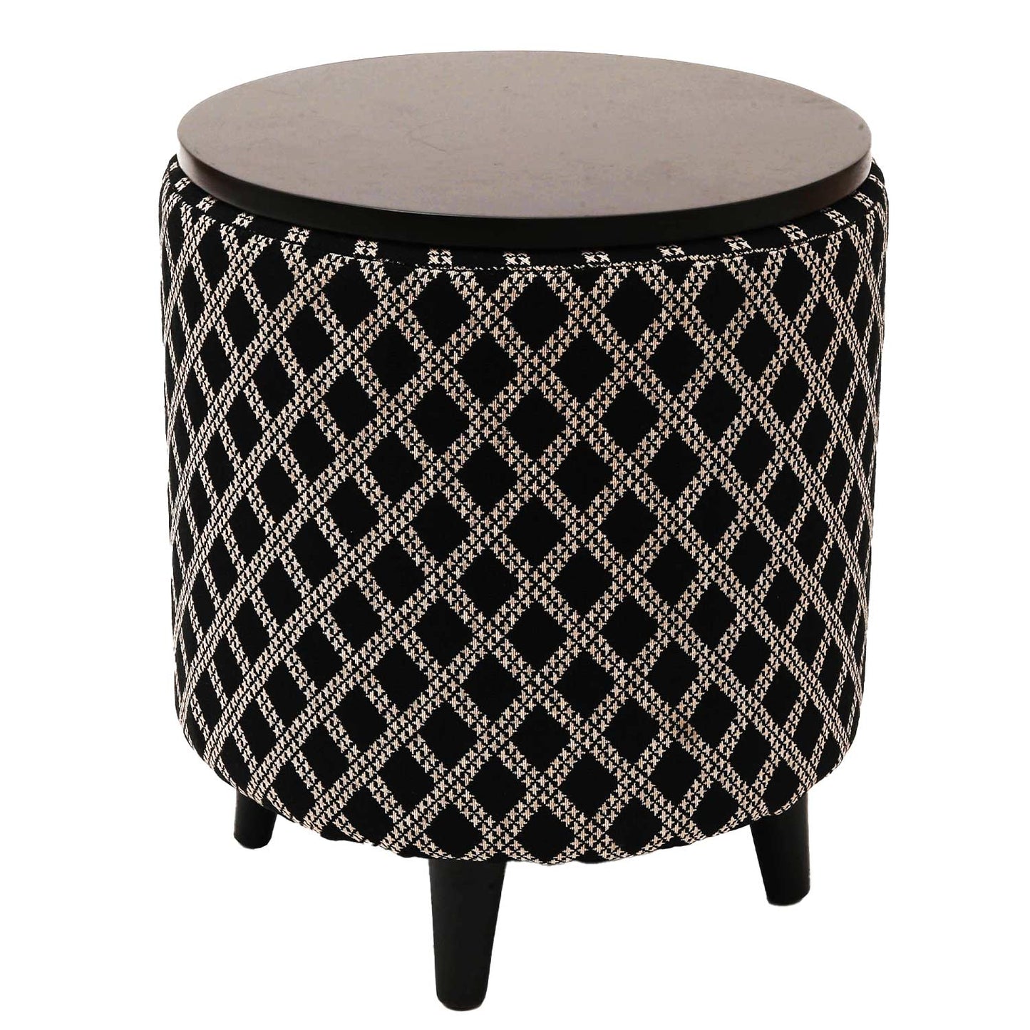 Multifunctional Tetrad Jacquard Wooden Footstool in Black Color