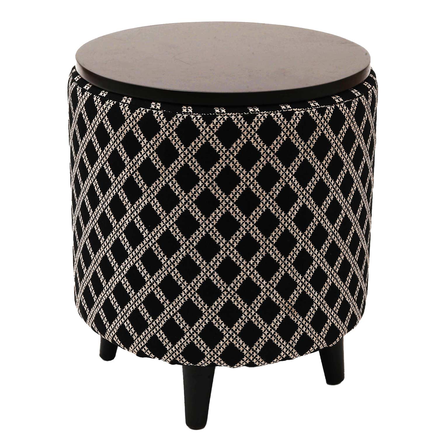 Multifunctional Tetrad Jacquard Wooden Footstool in Black Color