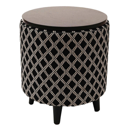 Multifunctional Tetrad Jacquard Wooden Footstool in Black Color