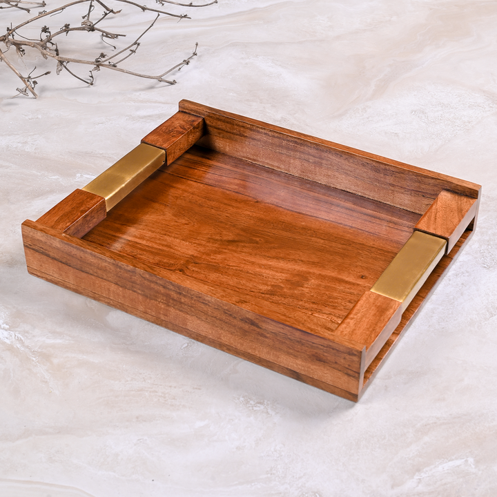 Greetwood Wooden Serving Tray With Brass Inlay Handles