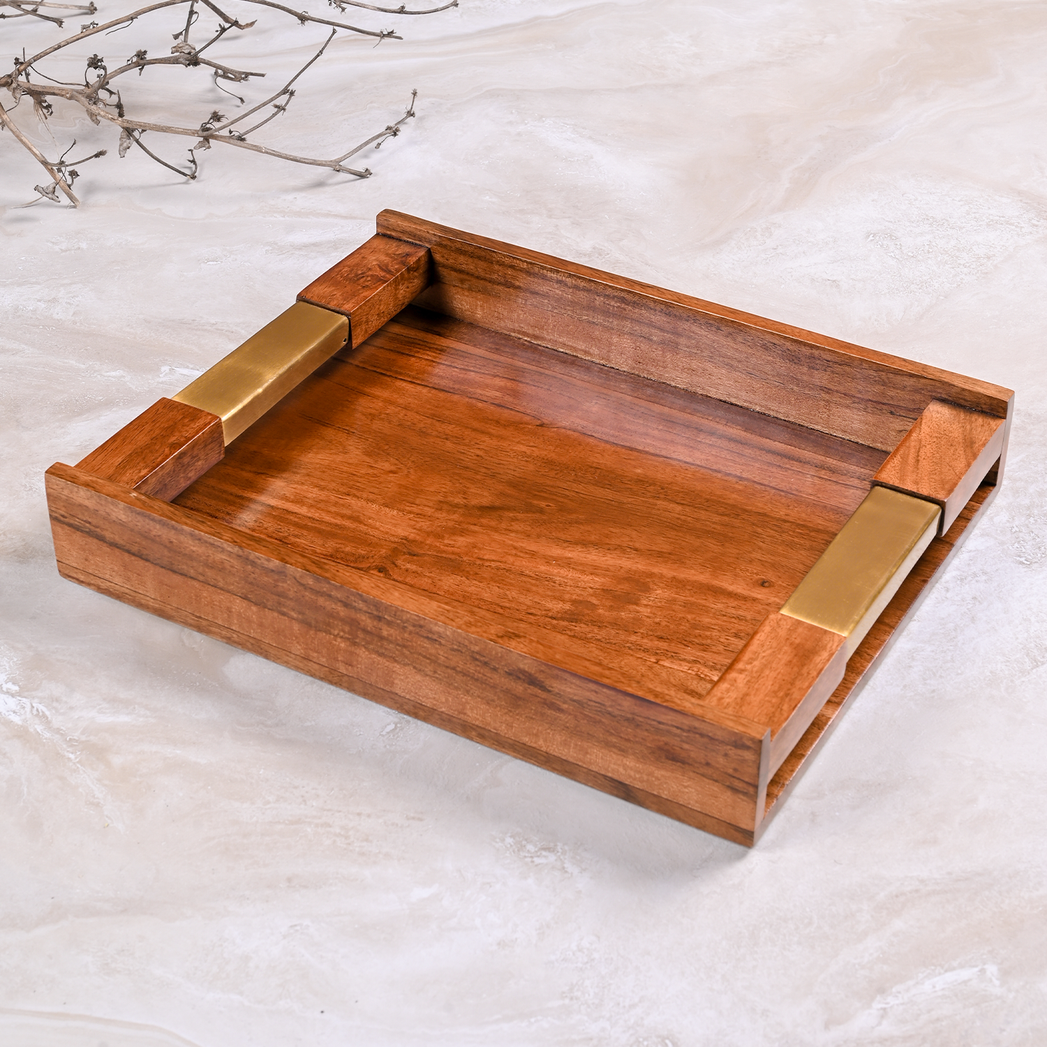 Greetwood Wooden Serving Tray With Brass Inlay Handles