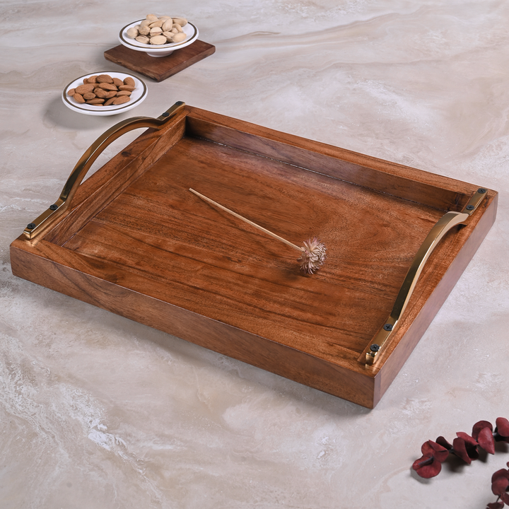 Greetwood Wooden Serving Tray With Curved Brass Handles